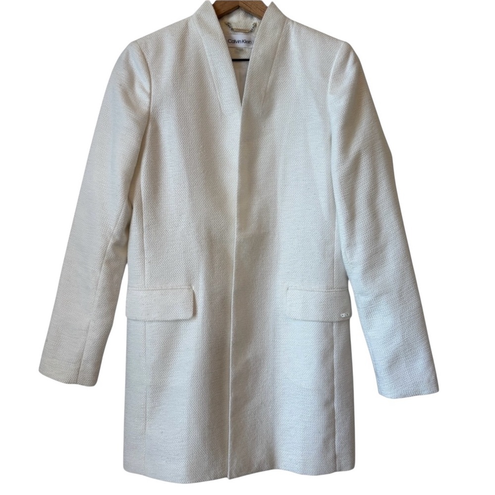 Calvin Klein Open Front Off-White Tweed Blazer Sz 6 Thigh Length Neutral Office